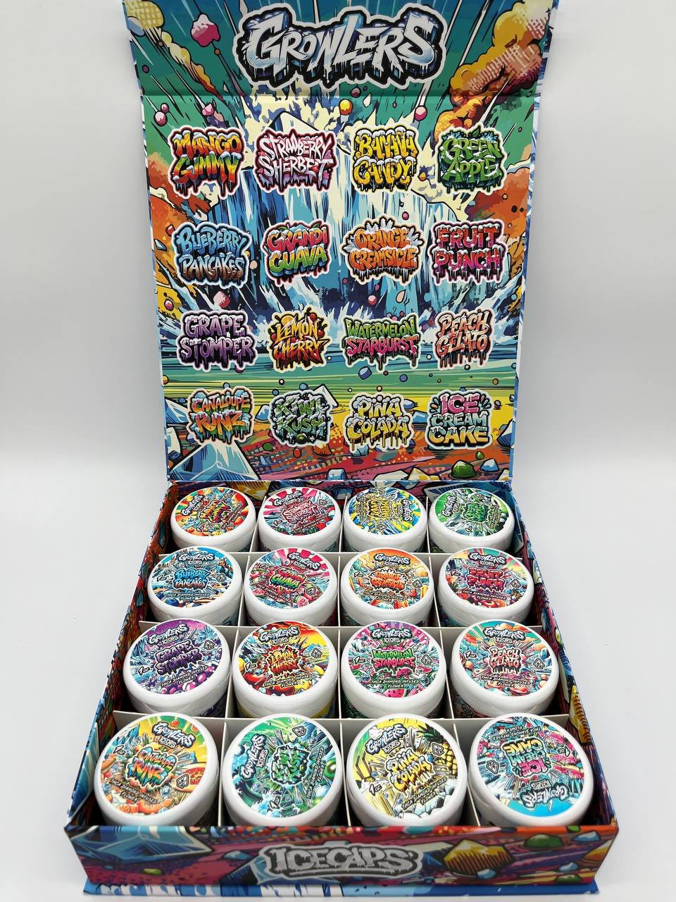 GROWLERS ICECAPS Unleash the frost! Discover a revolution in edibles with Growlers Icecaps Flover. Each pound contains 16 unique, THCA-infused flavors for a powerful and delicious experience.