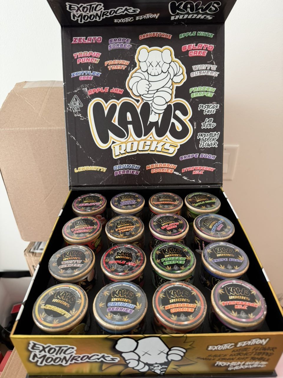 KAWS MOONROCKS Discover KAWS MOONROCKS – Exotic Edition, a premium line of ultra-potent moonrocks crafted from high-quality cannabis flower, hash oil, and kief. Explore exotic strains like Zkittlez Cake, Frozen Grapes, Gelato Cake, and Grape Sorbet — designed for intense flavor, smooth smoke, and unmatched potency.